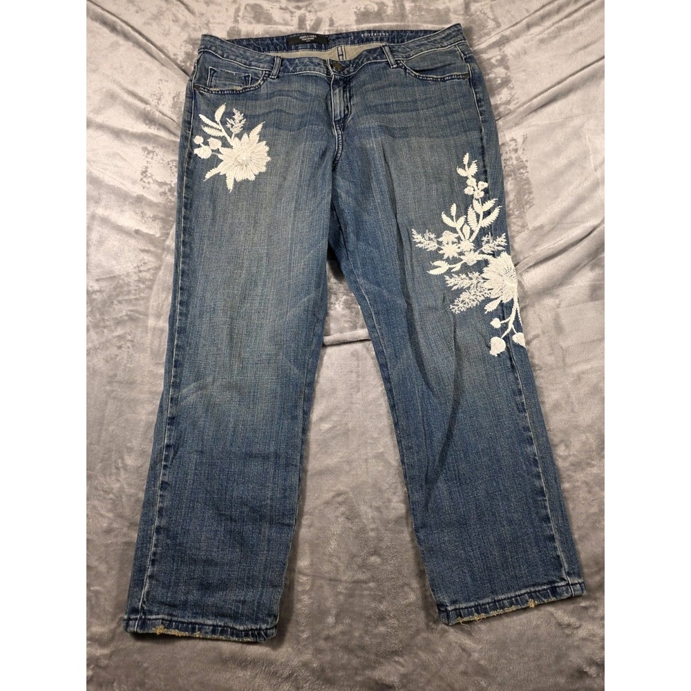 Simply‎ Vera Distressed Capri Jeans Sz 12 Boyfriend Embroidered Floral Mid Rise
